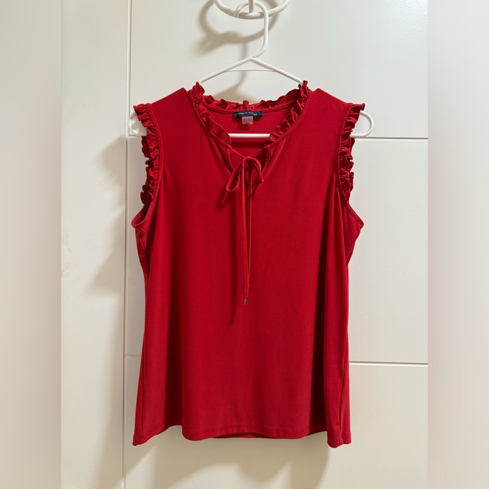 💋👜 Tommy Hilfiger Stretchy Ruffle Red Bow Tie Neck Blouse Size Medium 👜💋